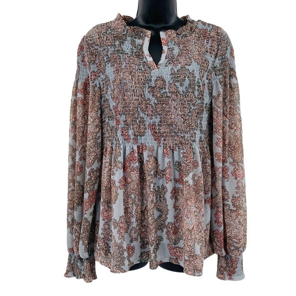 Akemi + Kin Paisley Smocked Blouse Womens XS Blue Coral Long Sleeve‎ Mesh Top